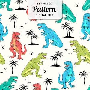 Op de afbeelding: Een naadloos patroon met kleurrijke dinosaurussen en palmbomen op een witte achtergrond. De dinosaurussen staan in verschillende poses, waaronder staan, lopen en brullen. De palmbomen zijn in zwart gesilhouetteerd.