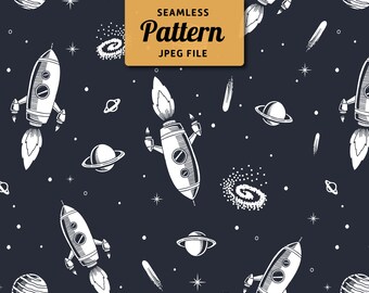 Space Seamless Pattern: Galaxy, Planets, Rockets (JPEG File)