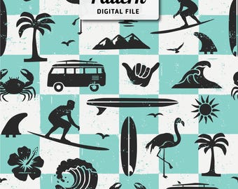 Retro Surf Seamless Pattern: Tropical Beach Vibes (JPEG Digital Download)