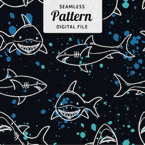 Shark Seamless Repeat Pattern | Hand Drawn Shark Illustrations with Splatter Colors  | Digital Download