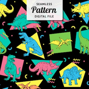 Dinosaurs Seamless Pattern File | Retro Cartoon Dinosaurs Kids Seamless Repeat Design | Dino in Neon Colors Seamless Pattern | Digital File