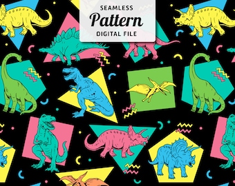 Dinosaurs Seamless Pattern File | Retro Cartoon Dinosaurs Kids Seamless Repeat Design | Dino in Neon Colors Seamless Pattern | Digital File