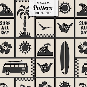 Peut inclure: Un motif sans couture présentant une variété d'icônes sur le thème de l'été et de la plage, notamment un palmier, des vagues, une planche de surf, un soleil, une fleur d'hibiscus, une camionnette et un geste de la main. Le motif est en noir et blanc et a un fond à carreaux.