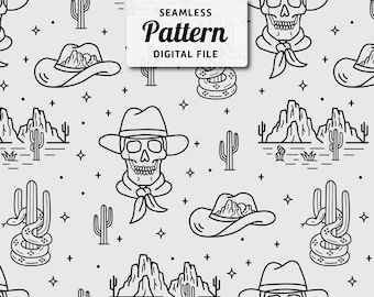 Western Cowboy Skull Seamless Pattern: Boho Repeat Design (Digital Download)
