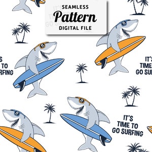 Surfer Sharks Seamless Pattern | Shark Seamless Repeat Design | Hand Drawn Seamless Pattern | Digital File