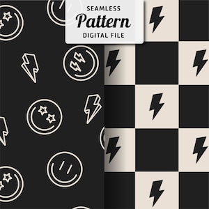 Puede incluir: Dos patrones sin costuras que presentan dibujos de línea en blanco y negro de caras sonrientes, estrellas y rayos en un fondo negro. El texto "SEAMLESS Pattern DIGITAL FILE" está en la parte superior de la imagen.