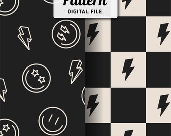 Happy Face Seamless Repeat Pattern Set | Checkered Seamless Background |  Smile Face Pattern | Lightning Seamless Pattern | Digital File