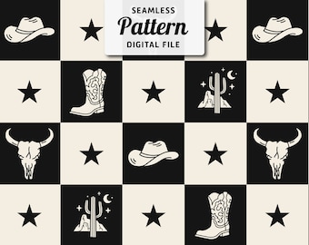 Western Checkered Seamless Pattern: Cowboy Repeat Design (Digital Download)