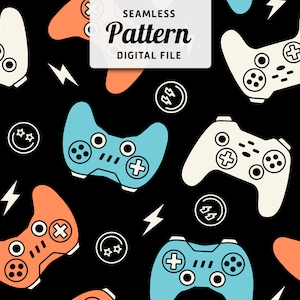 Può includere: Un motivo senza cuciture con controller per videogiochi colorati, fulmini e stelle. Il motivo è su uno sfondo nero ed è perfetto per l'uso in progetti digitali.
