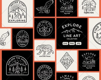 May include: A collection of 12 black and white line art illustrations featuring outdoor adventure themes. The illustrations include mountains, trees, a bear, a deer, a campfire, a bird, and the text "Explore the Unseen".