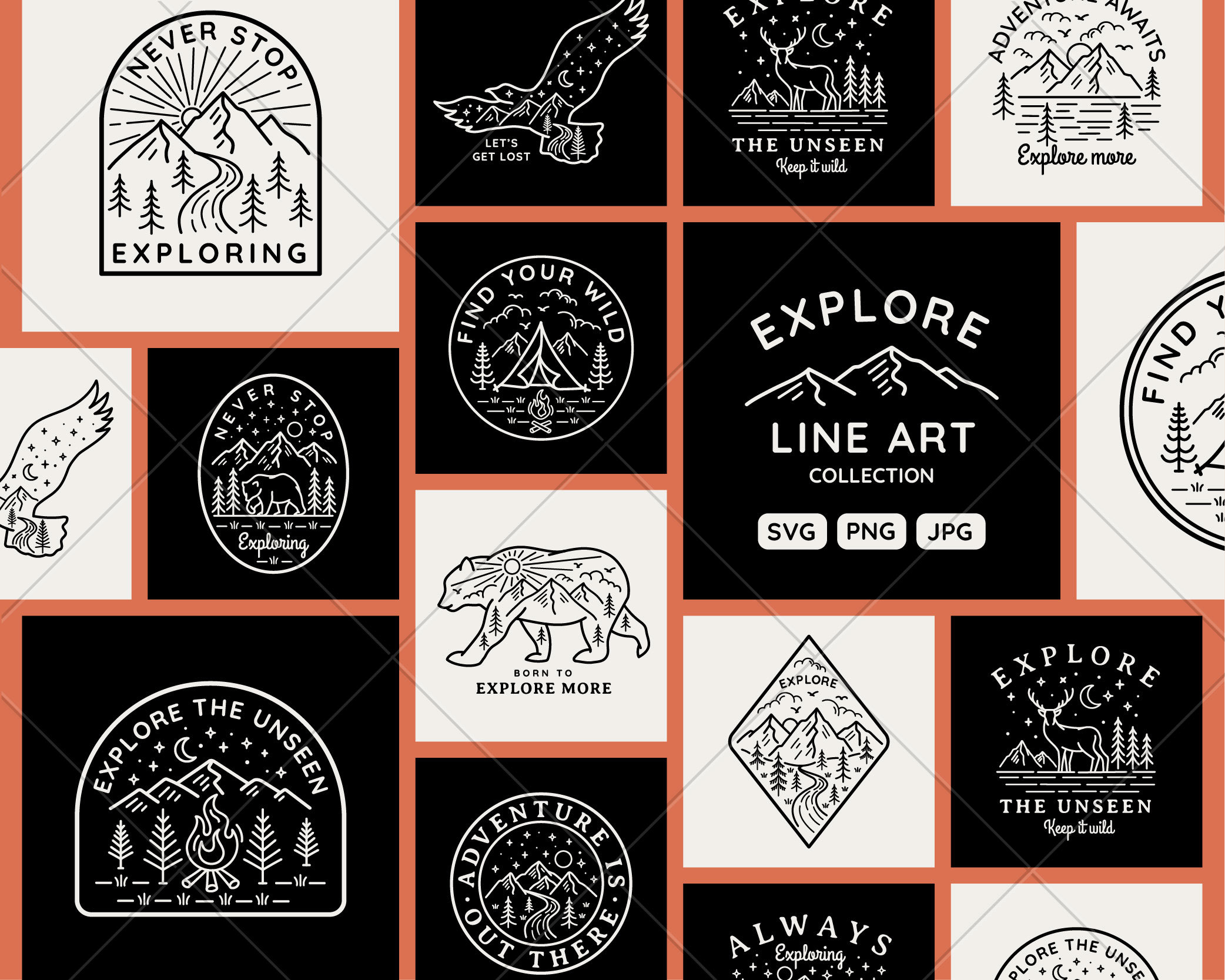 Projekty Outdoor Line Art w formatach SVG, PNG i JPEG. Pobieranie cyfrowe