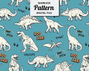Modello senza cuciture con dinosauri disegnati a mano: design di cartoni animati per bambini (file digitale)