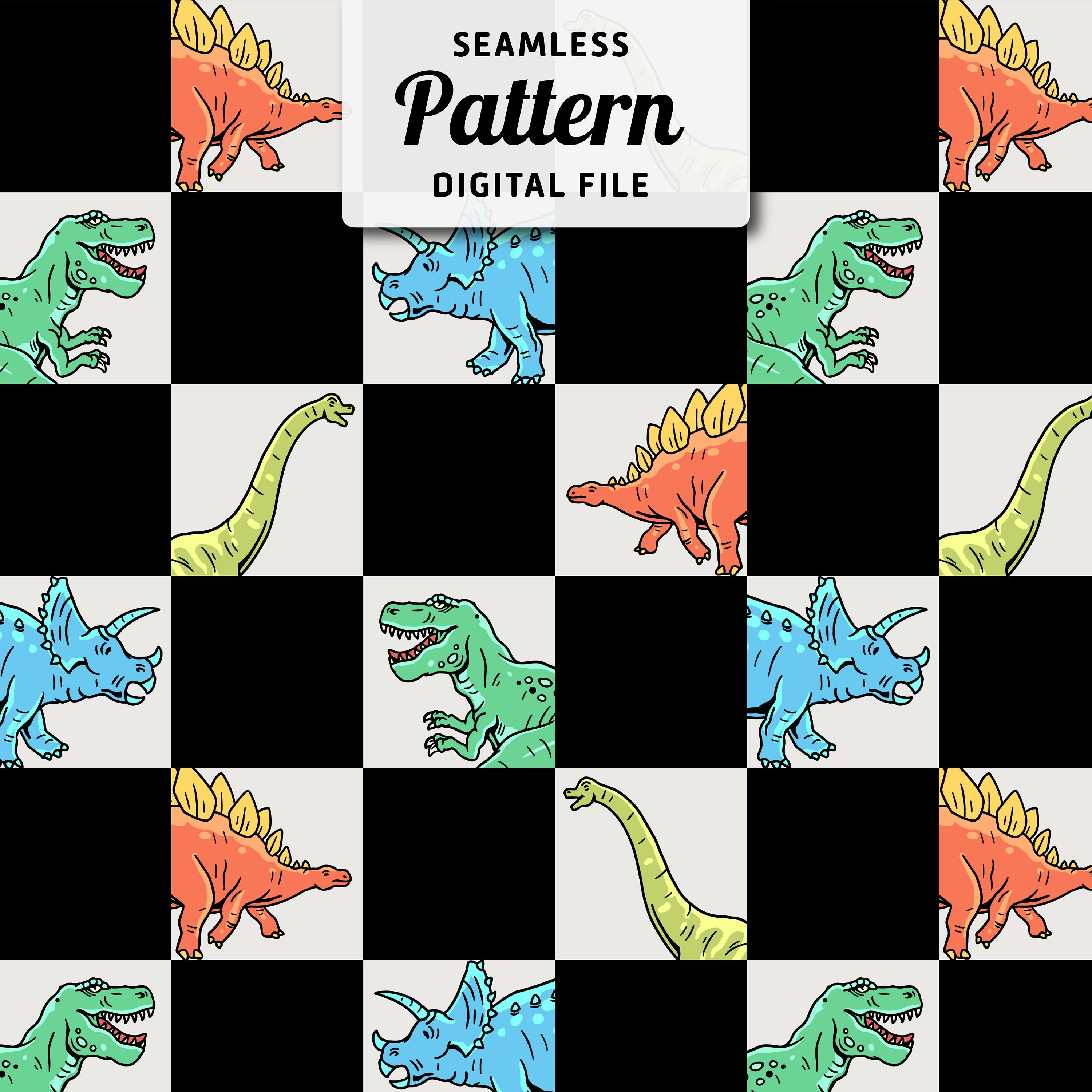 Checkered Dinosaurs Seamless Pattern | Cartoon Dinosaurs Check Kids Seamless Repeat Design | Hand Drawn Seamless Pattern | Digital File