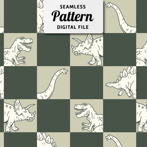 May include: A seamless pattern featuring various dinosaurs in a black and white outline on a green and beige checkered background. The dinosaurs include a stegosaurus, a triceratops, a brachiosaurus, and a tyrannosaurus rex.