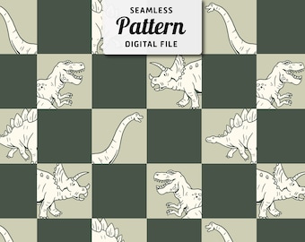 Checkered Dinosaur Seamless Pattern: Kids Cartoon Repeat Design (Digital File)