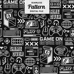 May include: A black and white seamless pattern with retro video game graphics. The design includes arcade machines, controllers, speech bubbles with "GAME ON!" and "GAME OVER", and the text "SEAMLESS Pattern DIGITAL FILE".
