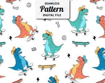 Skater Dinosaurs Seamless Pattern: Hand Drawn Repeat Design (Digital File)