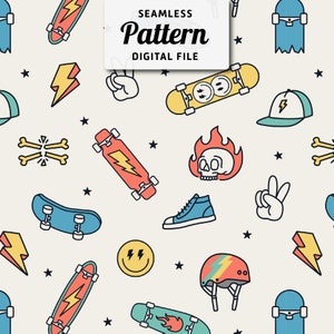 May include: A seamless pattern featuring a variety of skateboarding-themed illustrations, including skateboards, lightning bolts, skulls, smiley faces, and peace signs. The pattern is set against a white background.