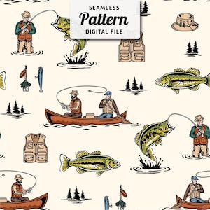 May include: Seamless digital pattern with illustrations of anglers, bass, fishing equipment, and canoes. The design includes fishermen in a boat and wading in water, with fish leaping out of the water. The text "SEAMLESS Pattern DIGITAL FILE" is at the top.