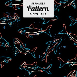 Shark Seamless Repeat Pattern | Hand Drawn Shark Illustrations with Splatter Colors  | Digital Download