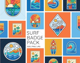 May include: A set of 12 colorful surf badge illustrations. The badges feature palm trees, waves, and surfboards. The text "SURF BADGE PACK" is in the center of the image. The text "SVG | PNG | JPG" is below the text "SURF BADGE PACK".