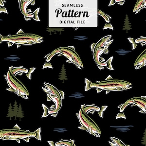 Fishing Seamless Repeat Pattern  | Rainbow Trout and Pine Trees Seamless Pattern Design | Seamless Pattern File