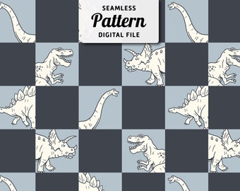 Checkered Dinosaur Seamless Pattern: Hand-Drawn Kids Design (Digital File)