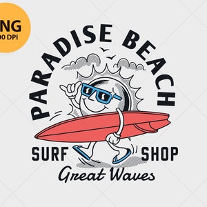Sun cartoon character Digital PNG, Surfing PNG file for sublimation