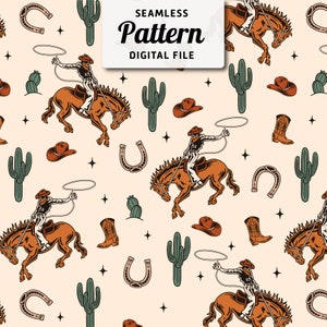 Modèle sans couture de cow-boy sur le thème western | Cactus, motif cow-boy à répétition transparente | Modèle sans couture bohème | Modèle de téléchargement immédiat