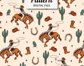 Western Themed Cowboy Seamless Pattern  | Cactus, Cowboy Seamless Repeat Design | Boho Seamless Pattern | Instant Download Pattern
