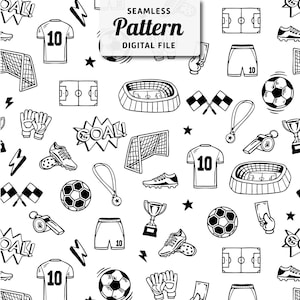 Puede incluir: Patrón sin costuras en blanco y negro con ilustraciones de fútbol. Incluye balones de fútbol, camisetas con el número 10, porterías, botas de fútbol, estadios y la palabra "GOAL!" en una burbuja. También está presente el texto "SEAMLESS Pattern DIGITAL FILE".