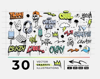 30 Graffiti Illustrations: Vector SVG & PNG Files (Digital Download)