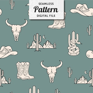 Western Theme Seamless Pattern  | Cactus, Cowboy Seamless Repeat Design | Boho Seamless Pattern | Instant Download Pattern