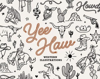 Western Hand Drawn Illustrations. Western SVG, PNG, and EPS Files. Digital Download