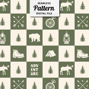 May include: Seamless digital pattern featuring outdoor adventure icons like a compass, moose, bear, tent, hiking boot, and pine trees. The design is in a grid of green and cream squares, with the word "Adventure" in a vertical block.