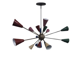 Mid-Century Sputnik Chandelier: Multicolored Brass 18-Bulb Light