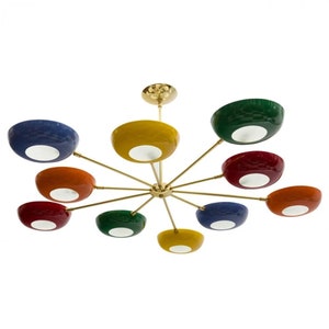 Lustre de disco Sputnik multicolorido de latão contemporâneo feito à mão - 10 braços de luzes modernas estilo Stilnovo