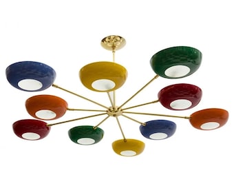 Handmade Contemporary Brass Multicolor Sputnik Disk Chandelier - 10 Arms of Modern Stilnovo Style Lights