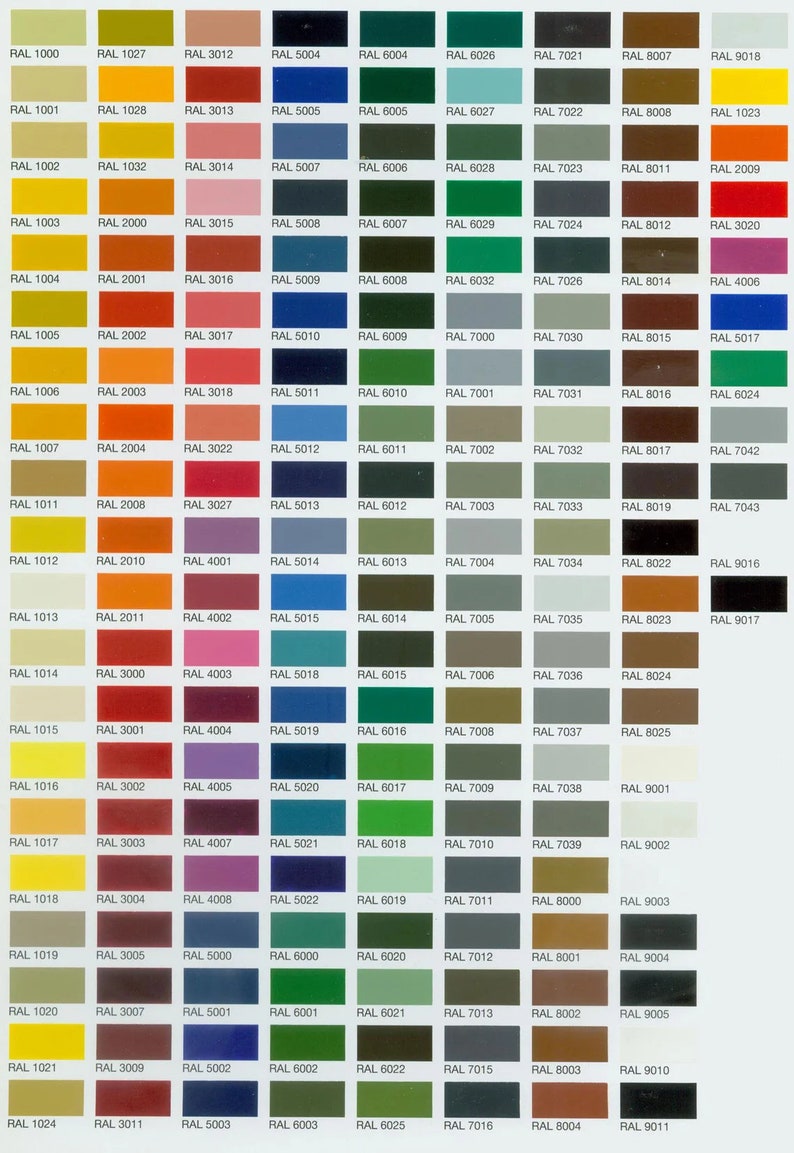 Op de afbeelding: Een kleurenkaart met 100 verschillende RAL-kleuren. De kaart is georganiseerd in rijen en kolommen, waarbij elke kleur is gelabeld met het bijbehorende RAL-nummer.