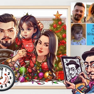 costom %100, Custom Christmas Caricature Portrait, building Gifts,  Photo, Cartoon Portrait, christmas portrait