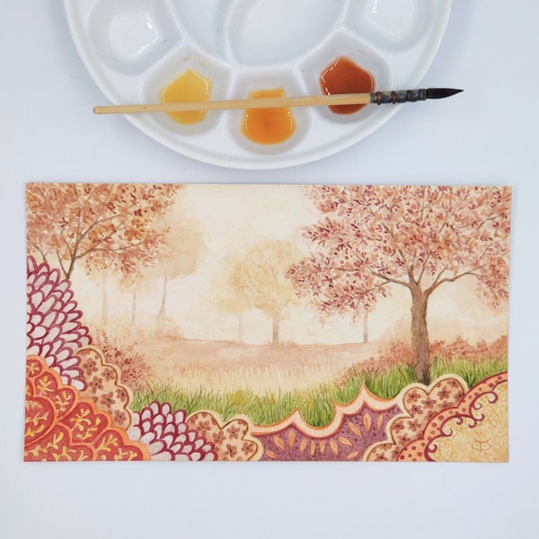 Peinture paysage automnal,Aquarelle originale petit format,Illustration d'arbres en automne, Petite décoration murale bohème avec des arbres