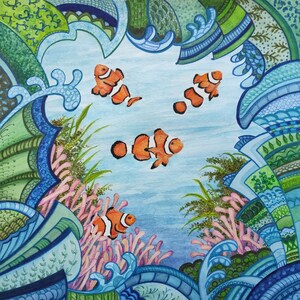 Watercolor clown fish, Original painting in watercolor boho spirit, Marine illustration of clown fish and corals