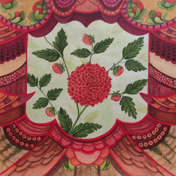Aquarelle dahlia, Peinture originale à l'aquarelle esprit bohème, Illustration de fleurs rouges réalistes sur fond vert, Décor coloré