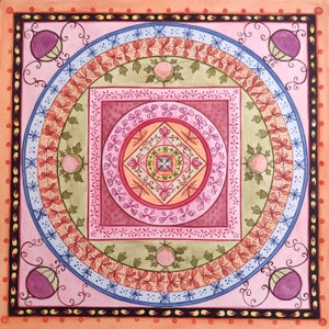 Pittura di un mandala colorato con motivi floreali, Acquerello originale di un mandala, Decorazione murale Zen spirituale e meditativa,