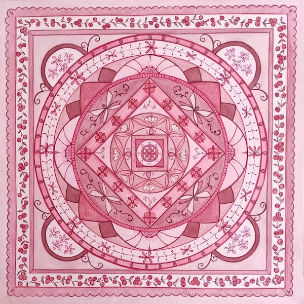 Mandala rose avec des fleurs, Peinture à l'aquarelle méditative, Illustration originale de mandala, Décoration murale spirituelle et zen