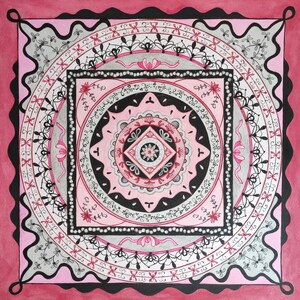 Mandala rosa e nero, decorazione murale Zen dipinta a mano, acquerello meditativo originale, illustrazione femminile rosa e nera
