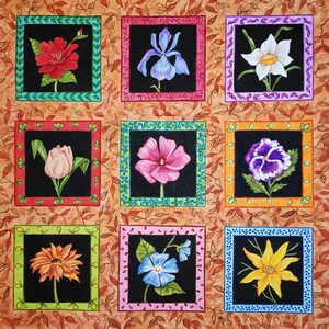 Original watercolor Boho Flowers, Illustration of flowers on a black background in a patchwork style decor, Floral and colorful wall decoration