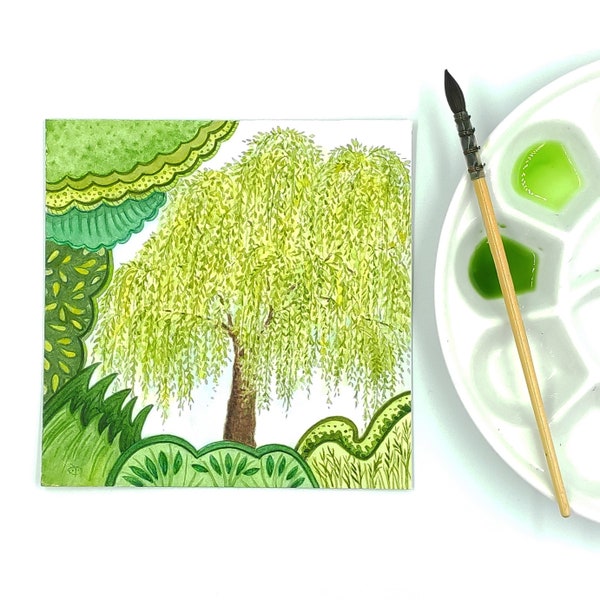 Peinture de saule pleureur, Aquarelle originale petit format, Illustration carrée d'un arbre, Petite décoration murale bohème avec un arbre