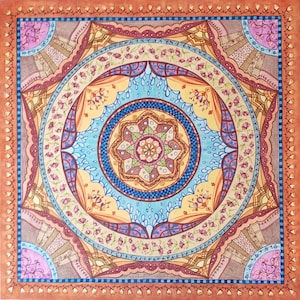 Acquerello originale di un mandala, pittura ad acquerello meditativa, decorazione murale spirituale e zen per la meditazione