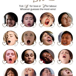 May include: A game card titled "LABOUR or Love". It displays a grid of faces in circles, with hearts and footprints. The text encourages players to guess if the images depict labour or love, with a scoring section.